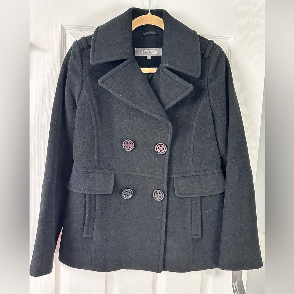 Kenneth Cole Reaction Women’s Double Breasted Wool Blend Pea Coat Black Sz 6 New